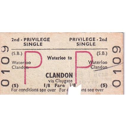 WATERLOO - CLANDON via CLAYGATE 1969 British Railways Board Ticket BRB 0109
