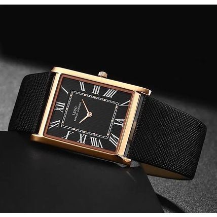 Gents Black Square Ultra Thin Face Steel Back Black Genuine Leather Strap Watch
