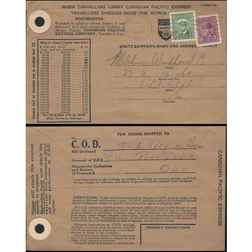 Canada War Issue CPR Express Railway COD Port Dover ONT to USA