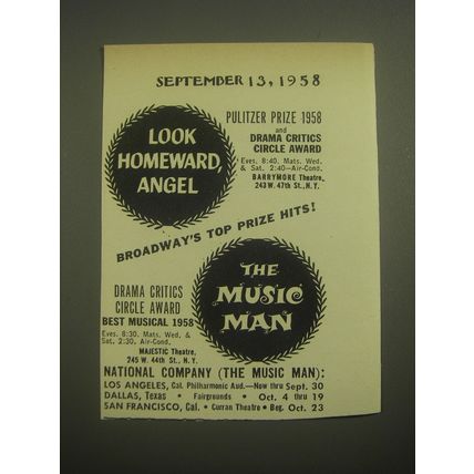 1958 Look Homeward, Angel and The Music Man Plays Ad - Broadway's top prize hits