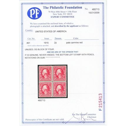461, Mint VF NH RARE 2¢ Block of Four With PFC Certificate CV $1300 Stuart Katz