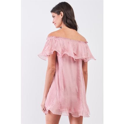 Women's Pink Pleated Off-the-shoulder Double Layered Frill Trim Mini Dress