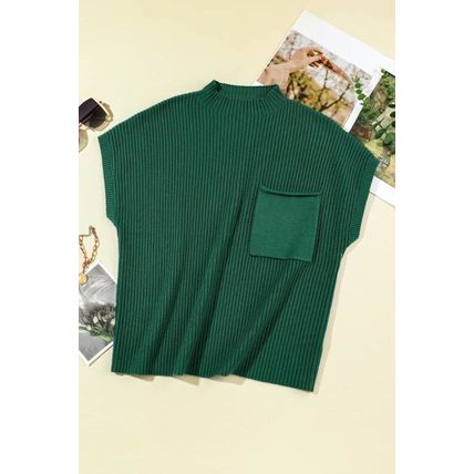 Blackish Green Patch Pocket Ribbed Knit Short Sleeve Sweater