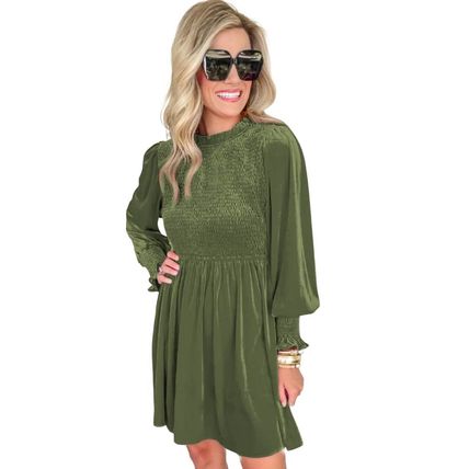 Moss Green Frilled Neck Smocked Bodice Velvet Dress
