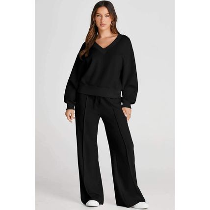 Black V Neck Cropped Seamed High Waist Sports Wear
