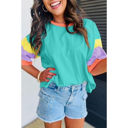 Light Blue Color Block Stitching Sleeve Round Neck Oversize Top