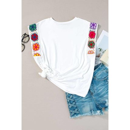 White Floral Crochet Sleeve Crew Neck Top