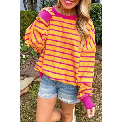 Orange Stripe Trimmed Round Neck Drop Shoulder Loose Sweater