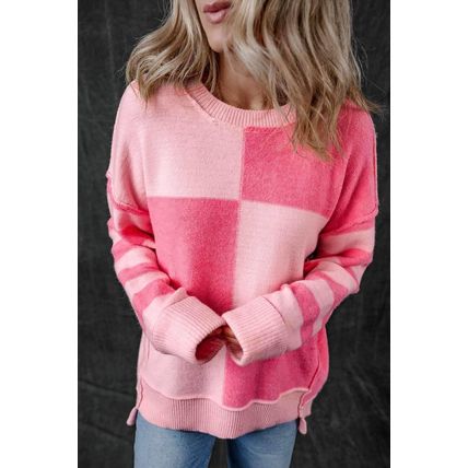 Pink Checkered Colorblock Striped High Low Loose Sweater