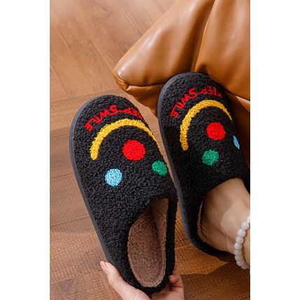 Black Keep Smile Printed Sherpa Home Slippers