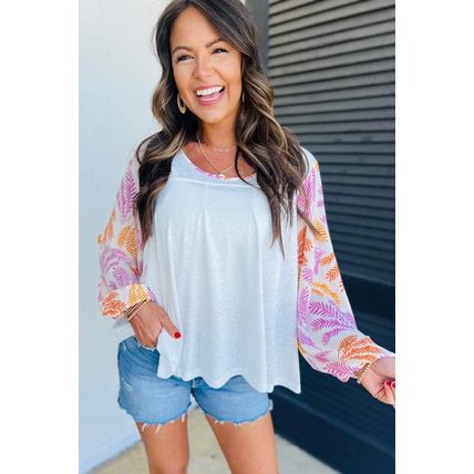 White Tropical Leaf Printed Patchwork Sleeve Round Neck Top