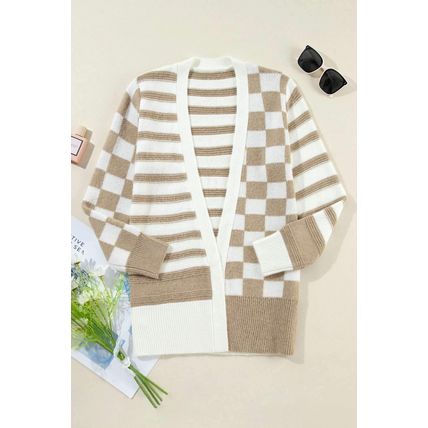 Smoke Gray Gingham Striped Knitted Open Front Cardigan