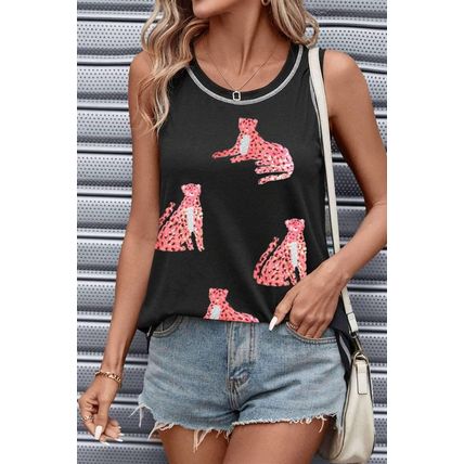 Black Sequin Cheetah Round Neck Stitching Loose Tank Top