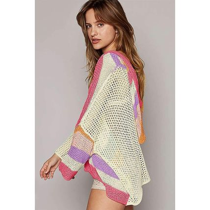 Pink Oversized Colorblock V Neck Hooded Sweater