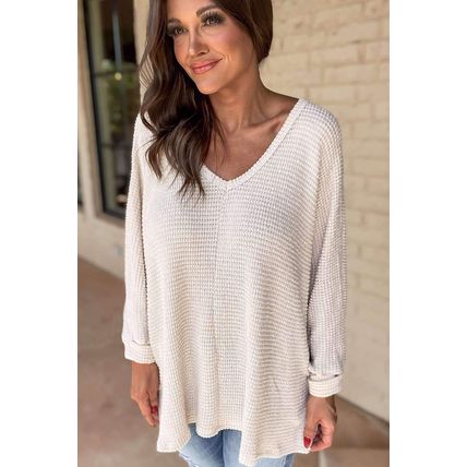 White Waffle Knit Side Slits Loose Fit V Neck Top