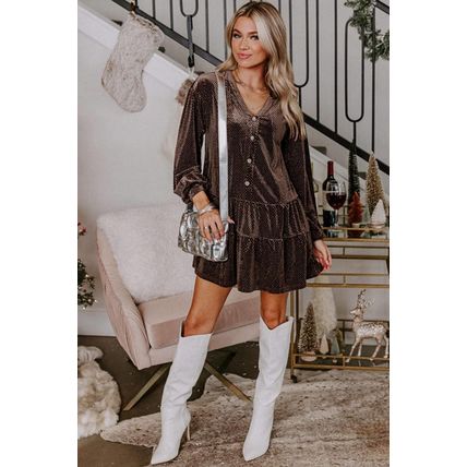Dark Brown Textured Velvet V Neck Shift Dress