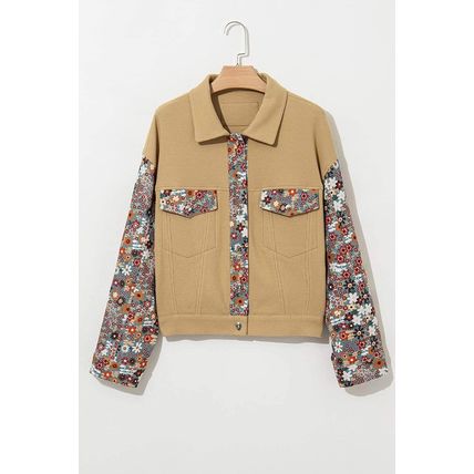 Khaki Waffle Knit Floral Print Patchwork Button up Jacket
