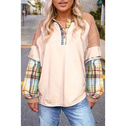 Parchment Plus Size Plaid Patchwork Layered Henley Top