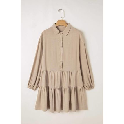 Tan Puff Sleeve Buttoned Tiered Pleated Shirt Mini Dress