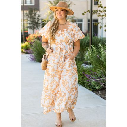 Apricot Floral Print Puff Short Sleeve Resort Plus Size Maxi Dress