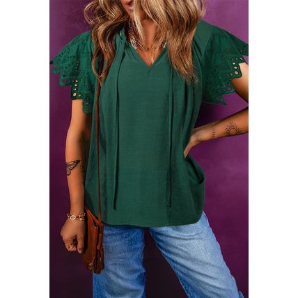 Green Bay Eyelet Embroidered Sleeve Tie V Neck Blouse