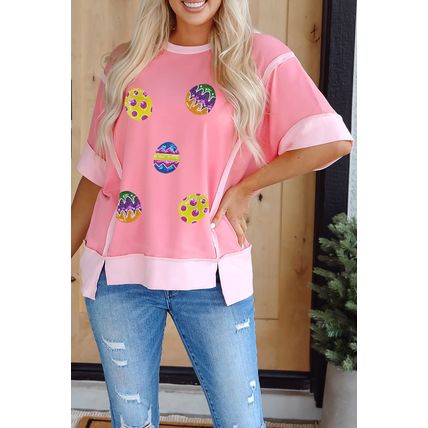 Peach Blossom Sequined Easter Eggs Contrast Patchwork Detail Short Sleeve Blouse