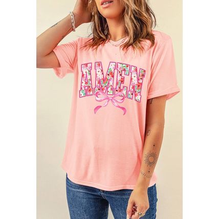 Pink Floral AMEN Bow Graphic Crewneck T Shirt