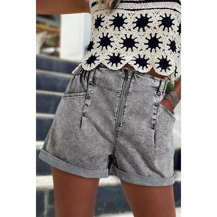 Gray Zipped Light Wash Cuffed Edge Denim Shorts