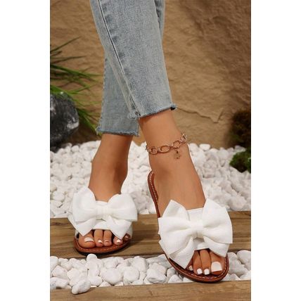 White Bow Knot Decor PU Leather Insole Flat Slippers