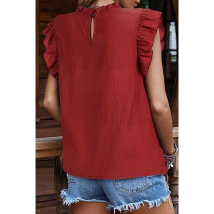 Red Dahlia Solid Color Pleated Detail Ruffle Short Sleeve Blouse