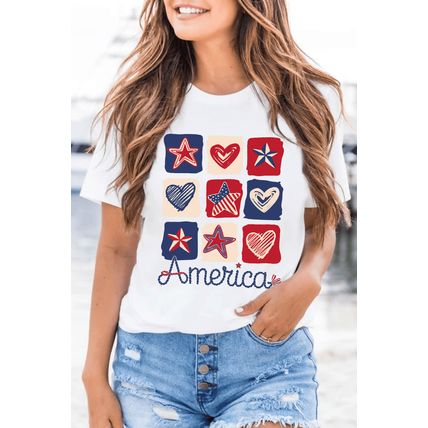 White American Heart Star Checkered Graphic Tee