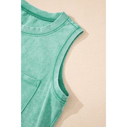 Sea Green Mineral Wash Patched Chest Pocket Casual Tank Top