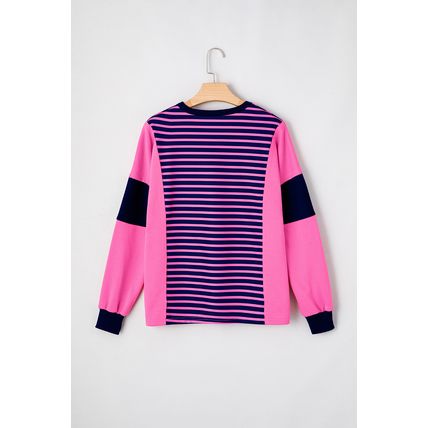 Pink Stripe Color Block V Neck Loose Fit Long Sleeve Top