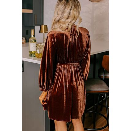 Clay Elastic V Neck Puff Sleeve Short Velvet Dress