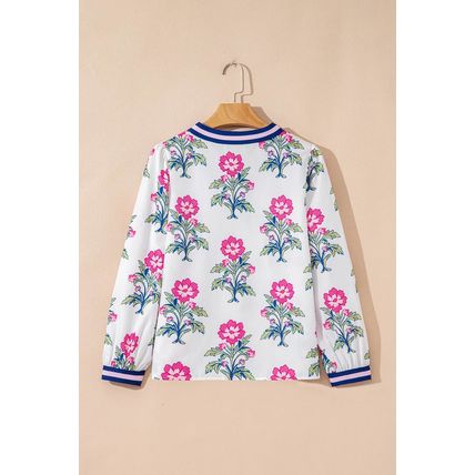 White Floral Print Striped V Neck Blouse