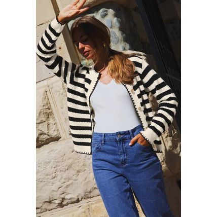 Black Stripe Chic Golden Button Cardigan Sweater