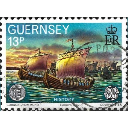 GUERNSEY, SHIP, French Invasion Fleet crossing the English Channel, 1066, blue 1
