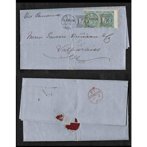 GB #48 Plate 4 PAIR to Valparaisa Chile via Panama 1866 CAT VALUE $800