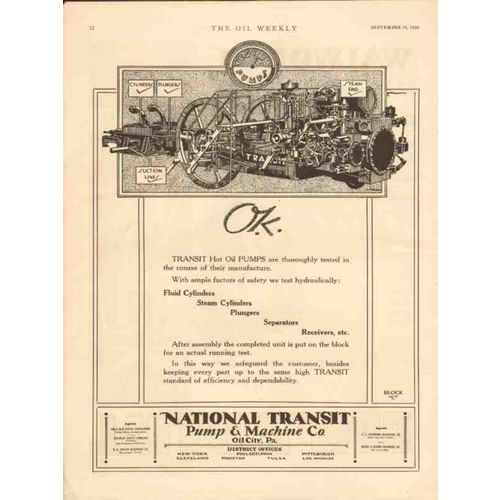 NATIONAL TRANSIT PUMP MACHINE CO 1930 Hot oil pumps tested vintage ad