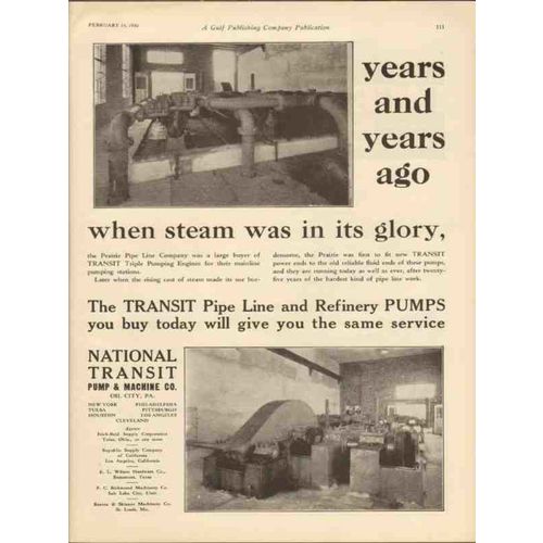 NATIONAL TRANSIT PUMP MACHINE COMPANY 1930 steam glory pipe vintage ad