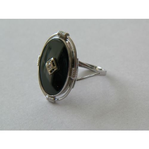 SIZE 5 3/4- 10K WHITE GOLD ONYX DIAMOND RING