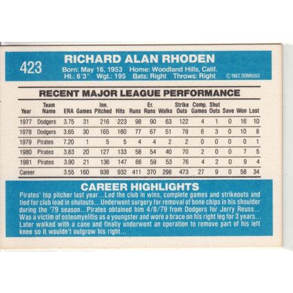 1982 Donruss baseball card 423 Rick Rhoden