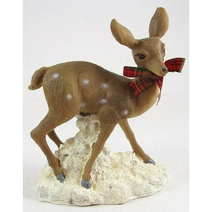 Pair of Deer Does Fawns Wearing Holiday Bows Resin Figurines, Unmarked