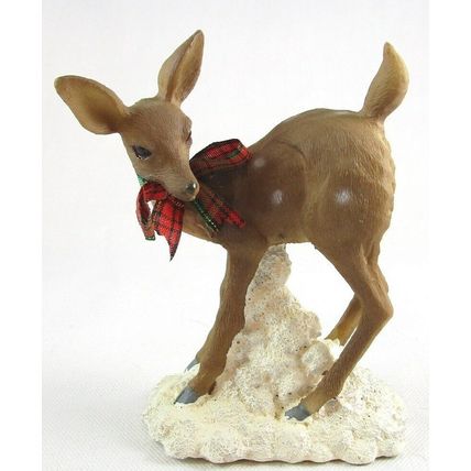 Pair of Deer Does Fawns Wearing Holiday Bows Resin Figurines, Unmarked