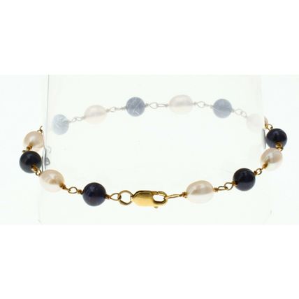 Genuine Black & White Pearl Bead Bracelet Real Solid 14K Yellow Gold 8 Inch Long