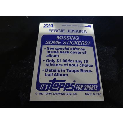 1983 Topps Stickers # 224 Fergie Jenkins Very Good-Excellent (4) Chicago Cubs