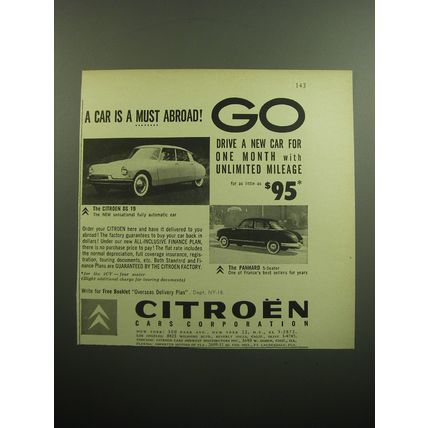 1957 Citroen DS 19 and Panhard Cars Ad - A car is a must abroad