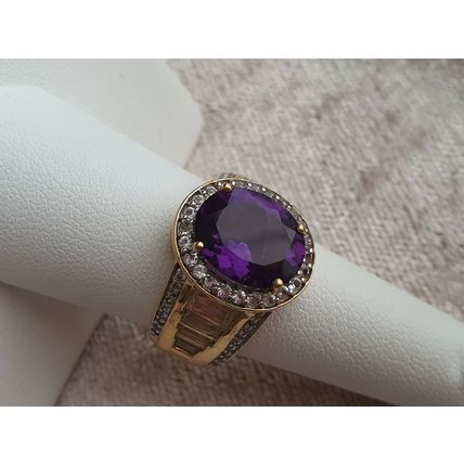 Lusaka Amethyst & White Topaz Oval Halo RING Sz O½ 14k Gold Overlay 925 Silver
