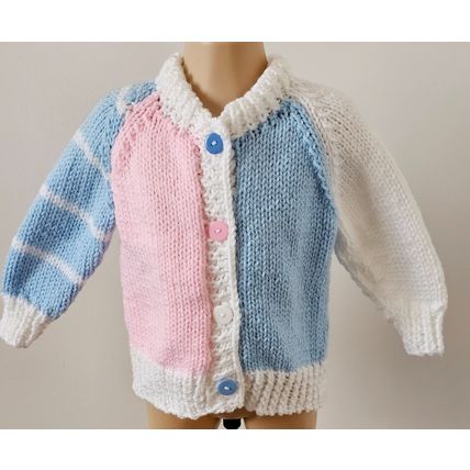 Hand Knitted Pink, Blue & White Chunky Wool Cardigan to fit 18-24 months
