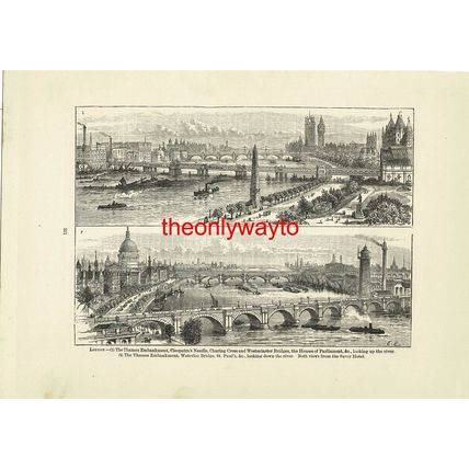 Thames Embankment, 2 Scenes, London, England, Book Illustration (Print), 1903